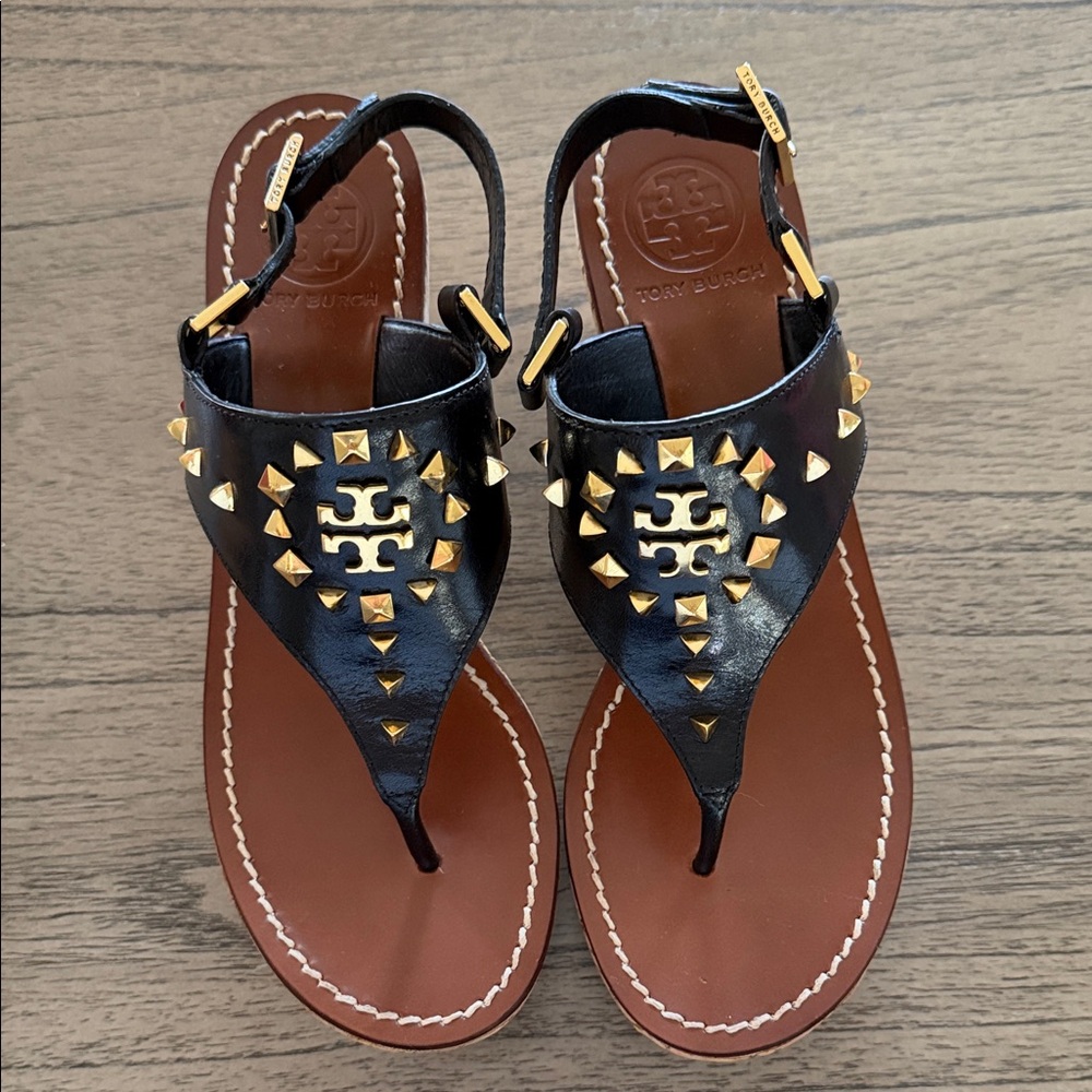Tory Burch Leather Upper Black and Gold Studded Platforms